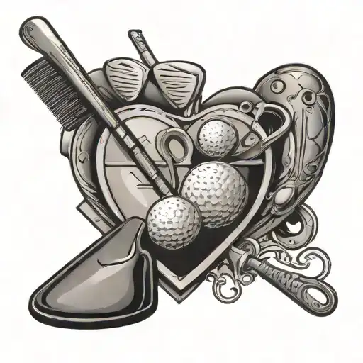 A heart-shaped design incorporating golf clubs, construction tools, and the names of the client's wife, daughters, and grandson tattoo design idea