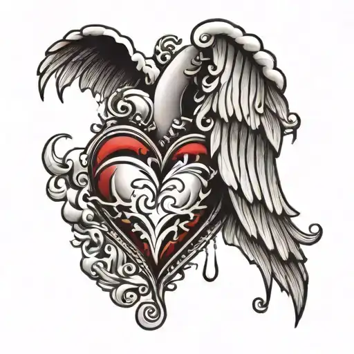 heart with wings and clouds tear drops tattoo design idea
