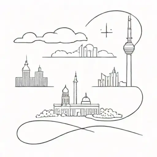 A minimalist tattoo design of the Berlin skyline with a small equality symbol, symbolizing the client's favorite things and belief in the axiom of equality tattoo design idea