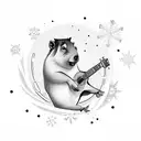 A whimsical scene of a capybara playing a guitar surrounded by musical notes and snowflakes tattoo design idea