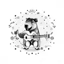 A whimsical scene of a capybara playing a guitar surrounded by musical notes and snowflakes tattoo design idea