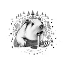 A whimsical scene of a capybara playing a guitar surrounded by musical notes and snowflakes tattoo design idea