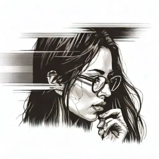 slender girl in profile, very long aquiline nose, glasses, long straight brown hair, thin lips, submissive, shoe gaze tattoo design idea