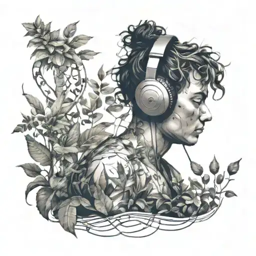 Meditation pose with headphones on, surrounded by plants and trees that are shaped like musical notes tattoo design idea