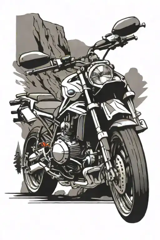 turbo skull BMW E36 Yamaha R1 doing a wheelie with a beautiful background in the mountains tattoo design idea