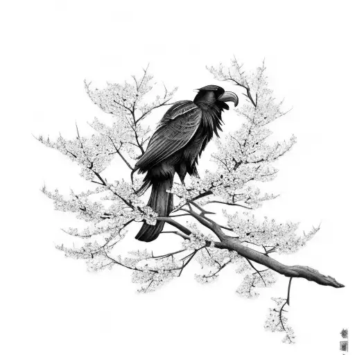 A tattoo of a black and grey raven surrounded by Japanese cherry blossoms tattoo design idea