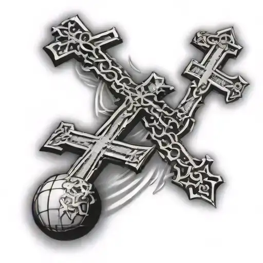 3 crosses religious themed with black and grey tattoo and the 3 crosses sitting on a basketball  tattoo design idea