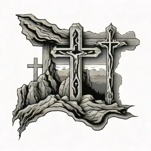 3 crosses religious themed with black and grey tattoo and the 3 crosses sitting on a basketabll instead of the mountain tattoo design idea