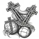 3 crosses religious themed with black and grey tattoo and the 3 crosses sitting on a basketball  tattoo design idea
