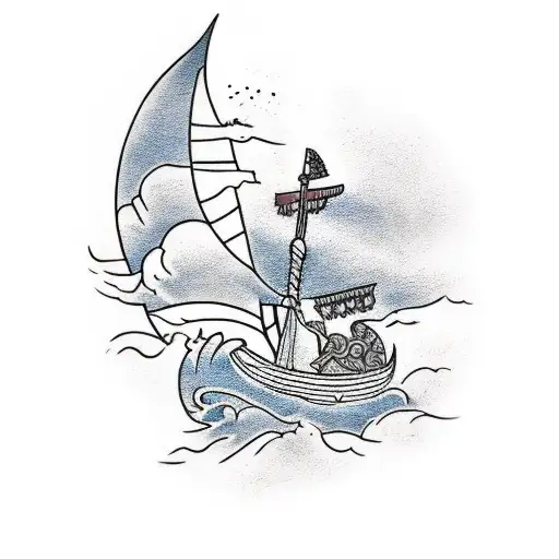 A Viking longship sailing through a sea of ancient Greek symbols, with a sunset sky tattoo design idea