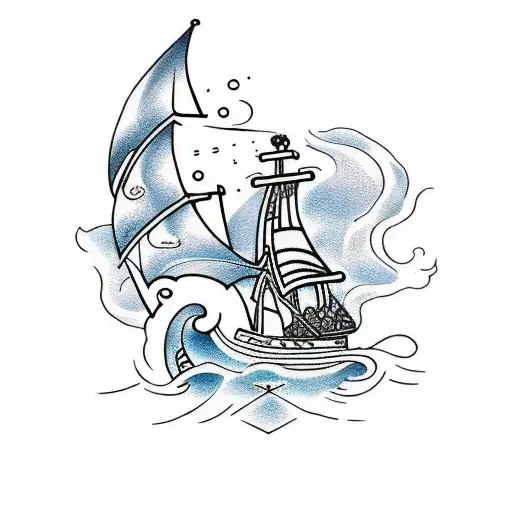 A Viking longship sailing through a sea of ancient Greek symbols, with a sunset sky tattoo design idea