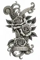 victor and jeremiah name on scroll with roses intertwined tattoo design idea