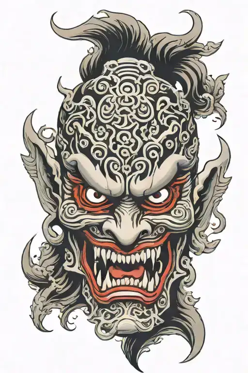 japonese deamon mask looking front with a angry face tattoo design idea