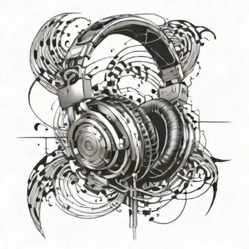 An abstract representation of sound waves flowing from headphones, merging with a blueprint design tattoo design idea