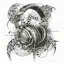 An abstract representation of sound waves flowing from headphones, merging with a blueprint design tattoo design idea