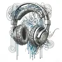 An abstract representation of sound waves flowing from headphones, merging with a blueprint design tattoo design idea