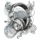 An abstract representation of sound waves flowing from headphones, merging with a blueprint design tattoo design idea