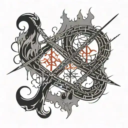 An abstract representation of two burning bridges intertwined with the inscription 'Пусть мосты которые я сжигаю освещают мне путь' tattoo design idea