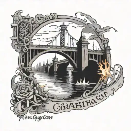 A detailed illustration of two burning bridges symbolizing new beginnings, with the inscription 'Пусть мосты которые я сжигаю освещают мне путь' tattoo design idea