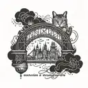 A minimalist design of two burning bridges with the inscription 'Пусть мосты которые я сжигаю освещают мне путь' tattoo design idea