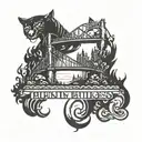 A minimalist design of two burning bridges with the inscription 'Пусть мосты которые я сжигаю освещают мне путь' tattoo design idea