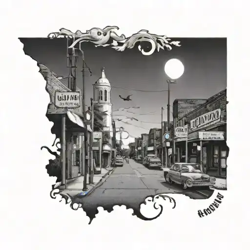 Ainsworth street in Gonzales, TX lined with iconic symbols of the town's history and heritage tattoo design idea