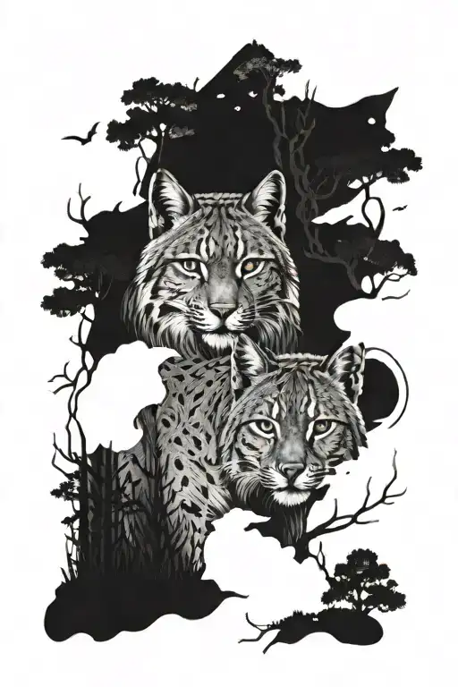 A mystical tattoo design featuring a lynx prowling through a forest at night, with its piercing eyes glowing in the darkness tattoo design idea
