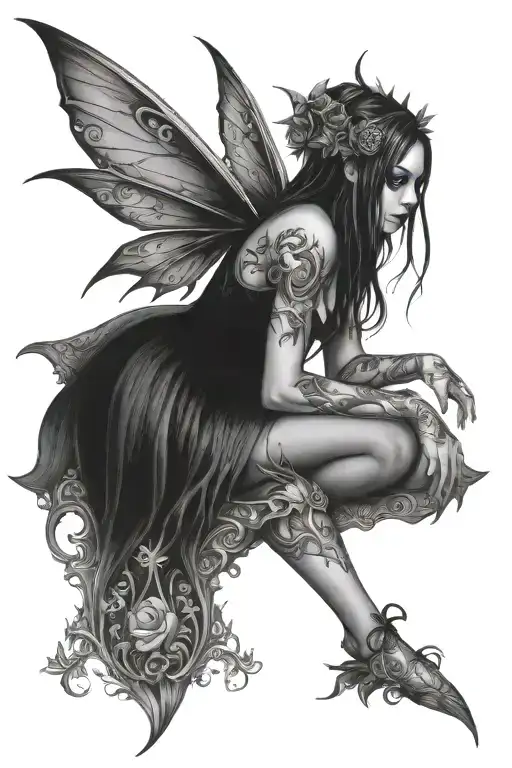 gothic fairy sitting tattoo design idea