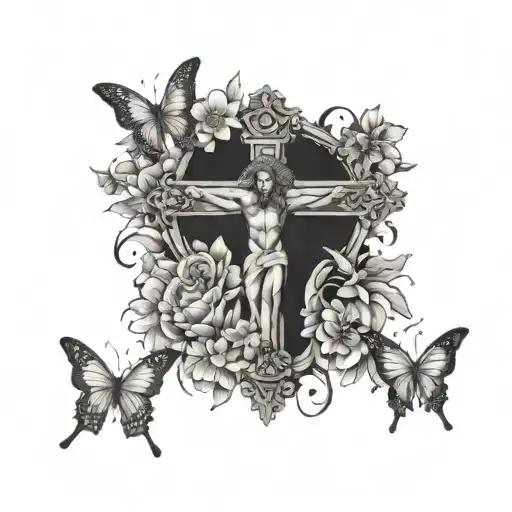Butterflies , flowers and hearts around Jesus on the cross tattoo design idea
