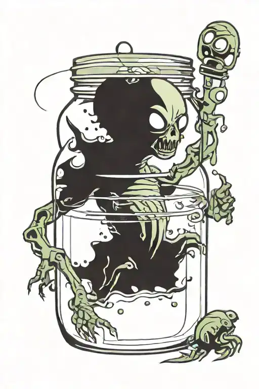 an alien inside a jar filled tattoo design idea