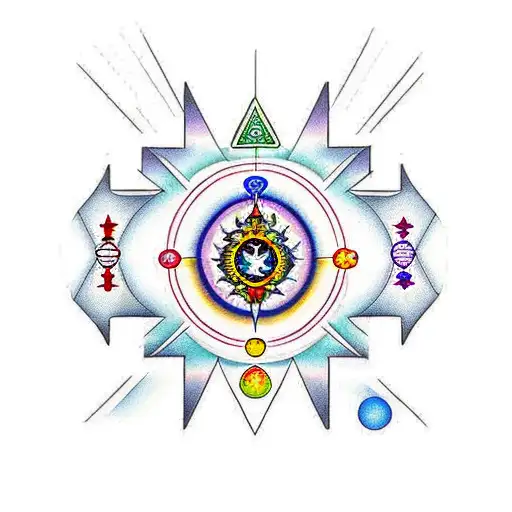 Create a minimalist spine tattoo design featuring the seven chakras aligned vertically. Each chakra should be represente tattoo design idea