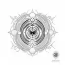 Create a minimalist spine tattoo design featuring the seven chakras aligned vertically. Each chakra should be represente tattoo design idea