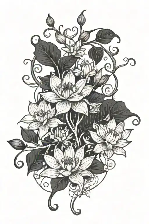 long vine extending from finger to wrist with lotus and lily flowers growing  tattoo design idea