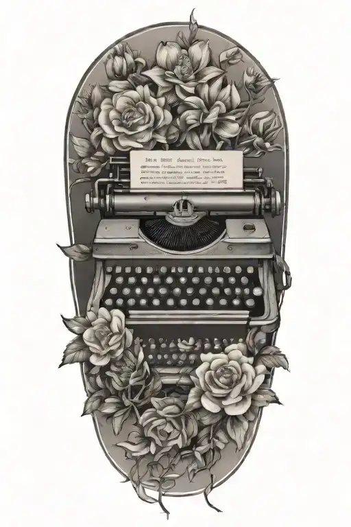 A tattoo of a typewriter surrounded by blooming flowers to symbolize your passion for writing and nature tattoo design idea