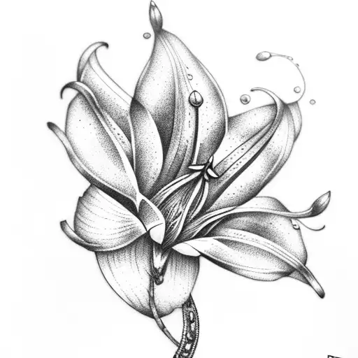 black and silver 1d20 with blue lily tattoo design idea