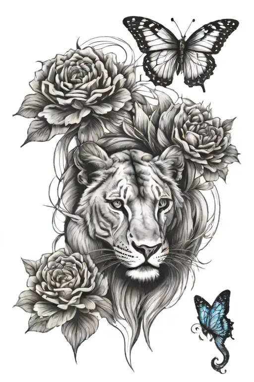 2 blue-eyes lioness's surrounded by clouds and blossoming flowers and blue butterflies tattoo design idea