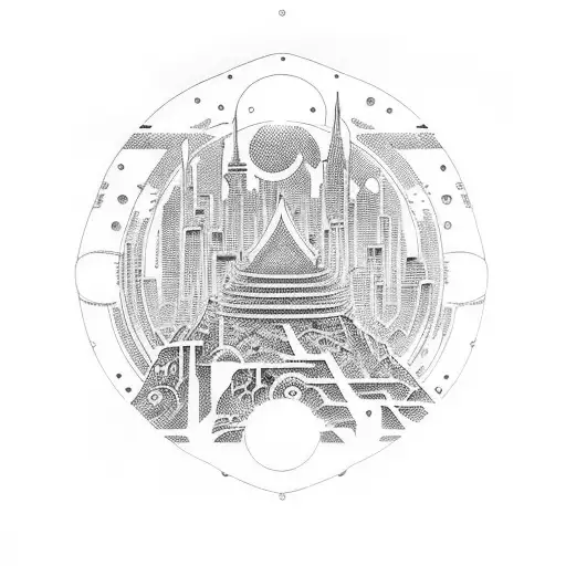 Create a dotwork tattoo featuring an intricate design of a futuristic cityscape with characters from Demon Slayer and Naruto exploring it tattoo design idea