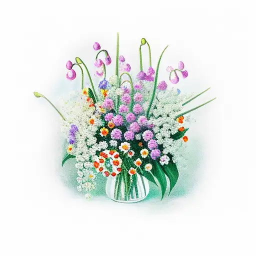 flower bouquet with Lily of the valley, poppies, honeysuckles and paperwhites tattoo design idea