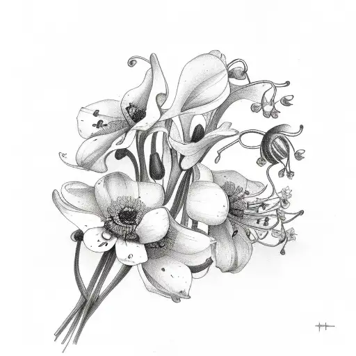 flower bouquet with Lily of the valley, poppies, honeysuckles and paperwhites tattoo design idea