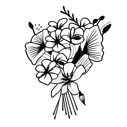 flower bouquet with Lily of the valley, poppies, honeysuckles and paperwhites tattoo design idea