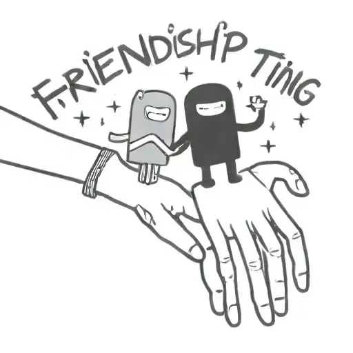 text: "Friendship is strong" on the wrist in space style with cartoon characters  Adventure Time  Adventure time tattoo design idea