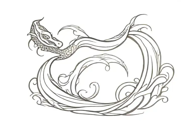 An abstract minimalist tattoo of a sea serpent emerging from the waves tattoo design idea