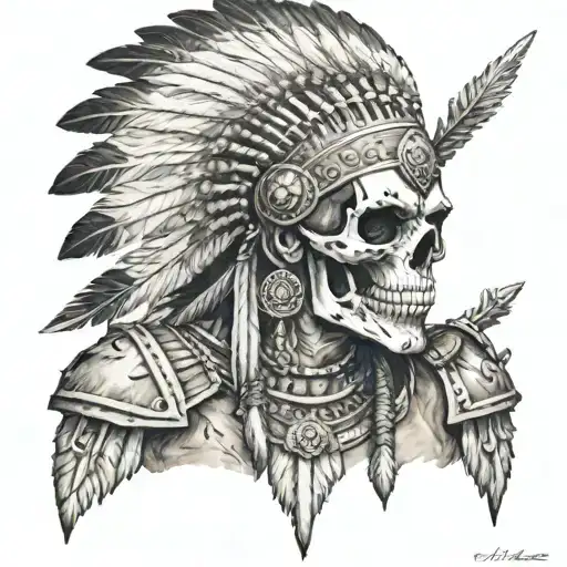 indian warrior skull around him looking at them tattoo design idea