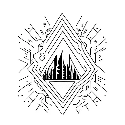 A minimalist tattoo of a mysterious building with the lyrics of a $uicideboy$ song incorporated into the design tattoo design idea