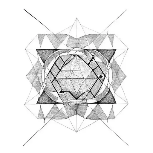 a black geometry representing eternity and ambition and objects and writings embedded in the geometry tattoo design idea