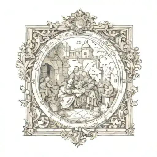 medieval scene in a baroque frame tattoo design idea