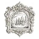 medieval scene in a baroque frame tattoo design idea