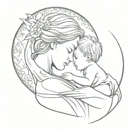 A sketch tattoo of a mother and child holding hands under a crescent moon, representing your role as a mother and your connection with your son tattoo design idea