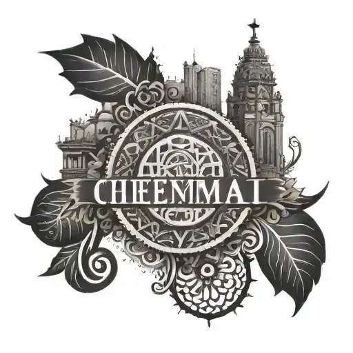 Create a tattoo featuring an ambigram with the words "Chennai" and "Madras", with cityscapes in a mandala design tattoo design idea