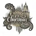 Create a tattoo featuring an ambigram with the words "Chennai" and "Madras", with cityscapes in a mandala design tattoo design idea